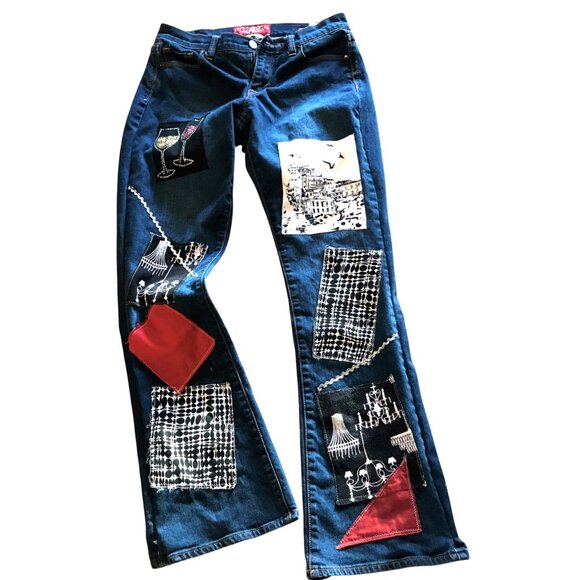 Upcycled Denim - Upcycled Patchwork Jeans, Eclectic Wineglass Cityscape Design Size 6